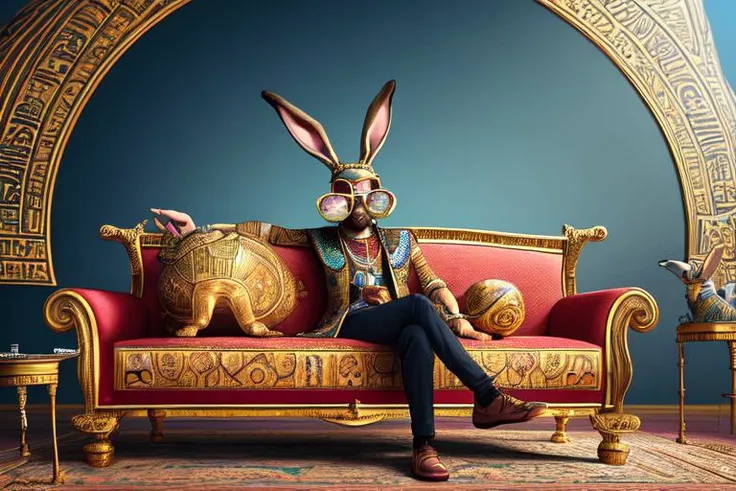 high quality cgi, camera from below, man in eye glases with rabbit, complex background, intricate, highly detailed, egyptain symbols, sofa, silc, adobe after effects