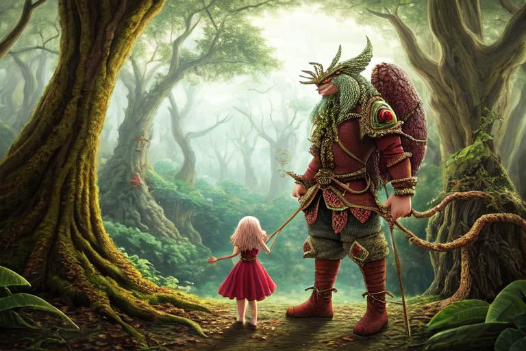 fantasy style, girl in forest with alive teddy bear (sword and shield: 1), standing against huge (european dragon:1),