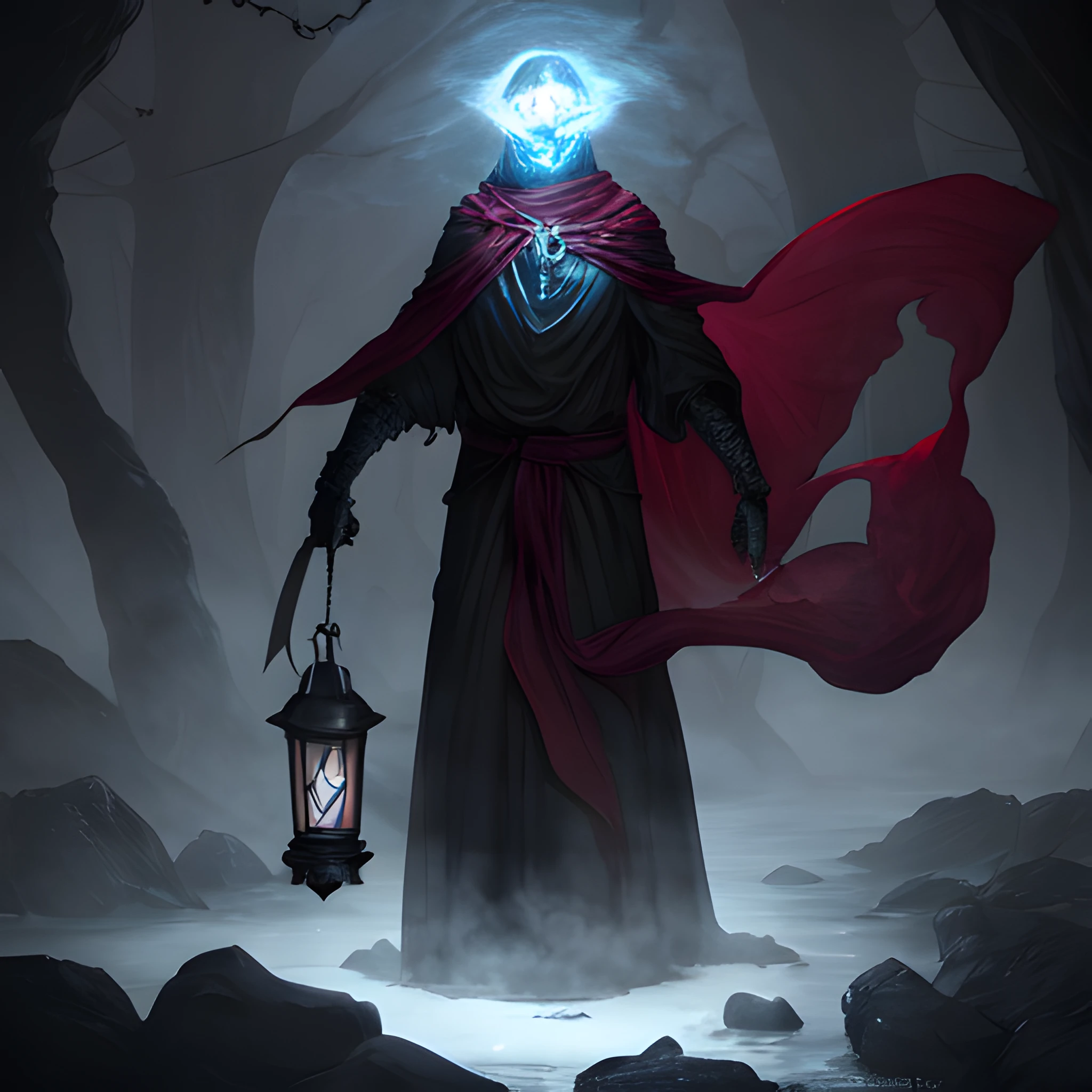(((8k, very high resolution, masterpiece))), generate a high-resolution image of a wraith, a malevolent spirit that wanders through the mortal realm in search of souls to claim. The wraith should be depicted as a shrouded figure, its face obscured by a red rag, and its body wreathed in an ethereal, ghostly mist. The wraith should be holding a lantern that emits a spectral light, which it uses to guide the souls it deems unworthy to rest to their ultimate fate. The lantern is attached to one of his shrouded hand with a spiked chain, and should dangle under his stretched arm when pointing at the viewer.
The setting should be dark and eerie, depicting the wraith as a harbinger of death and despair. The background is an icy, dark cave, the light weak, mostly coming from the lantern of the spectre. The colors should be muted and ominous, with a focus on shades of red and blue. Use Stable Diffusion to ensure the generated image is visually consistent and coherent, with a high level of detail and realism.
