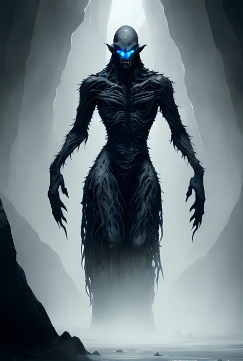 (((8k, very high resolution, masterpiece))), using a Generative Adversarial Network, create an image of a towering, ominous figure, with twisted and emaciated body, empty and soulless eyes. The creature should be shrouded in darkness and despair, with an aura that drains the life and color from its surroundings. The background should be dark and foreboding, with shadows creeping in from all sides. The overall feeling should be one of hopelessness, emptiness and despair. Use negative and dark colors to represent the creature's association with the god of Apathy. Make it fullbody. The background should be an icy cave with very dark blue tones, with a dramatic light that seems to illuminate slightly only the creature.