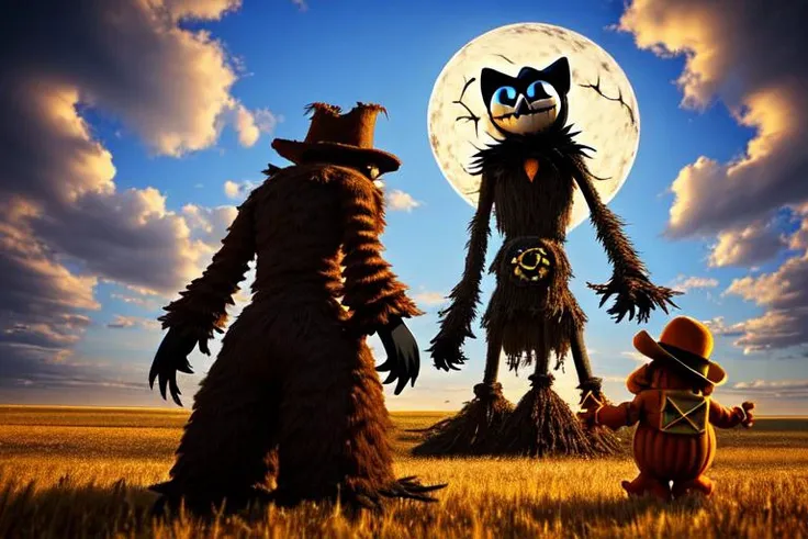 high quality cgi, fantasy, foto from below, felix the cat and scarecrow standing before ((enormous monster)), complex background, intricate, highly detailed, clouds, adobe after effects,
