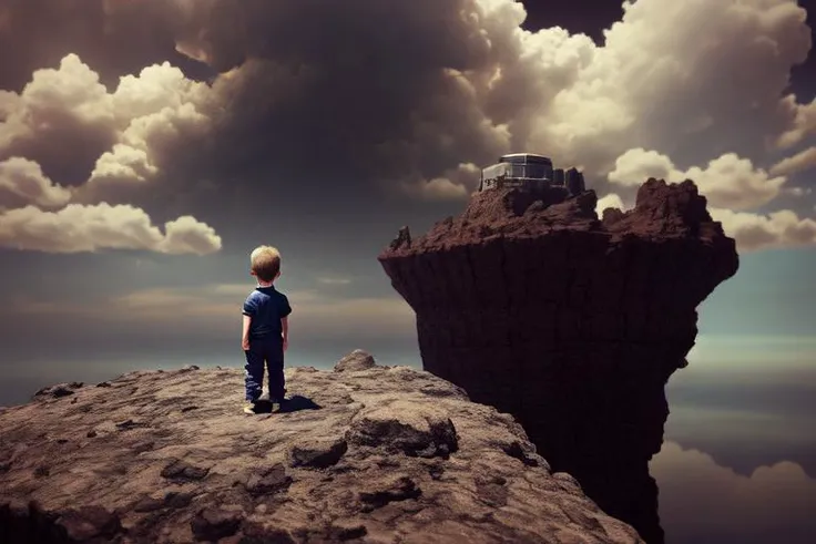 high quality render, foto from below, boy before titan, clouds on background, highly detailed, photoshop, adobe after effects, cinematic lights