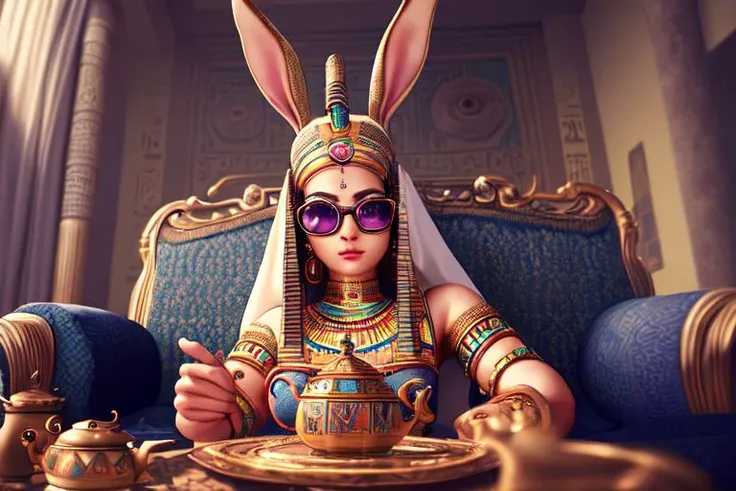 high quality cgi, camera from below, woman rabbit in eye glases , complex background, intricate, highly detailed, egyptain symbols, sofa, silc, teapot, adobe after effects