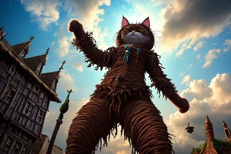 high quality cgi, fantasy, foto from below, the cat standing before ((enormous monster scarecrow )), complex background, intricate, highly detailed, clouds, adobe after effects,