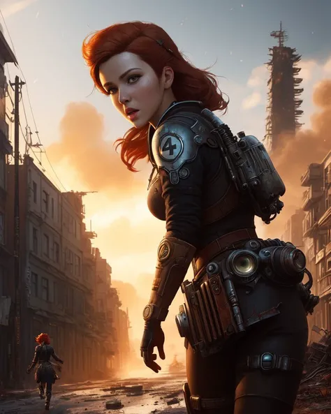 a woman ((((rushes extra rapidly)))) down the street, (((front to camera))), detailed european face, ((((aspiring facial expression)))), ginger hair, (((nuka girl fallout 4 costume))), ((the ruined city on the background)), NSFW, RAW, analog style, ultra detailed photograph, cinematic lighting, 4k, sharp focus, high resolution, detailed skin, detailed eyes, trending on ArtStation, trending on CGSociety, Intricate, High Detail, Sharp focus, dramatic, photorealistic painting art by midjourney and greg rutkowski