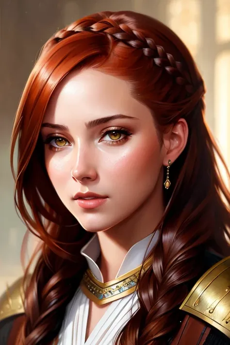 modelshoot style, (extremely detailed close up portrait of a beautiful young woman), (long braided auburn hair), medieval armor, professional majestic oil painting by Ed Blinkey, Atey Ghailan, Studio Ghibli, by Jeremy Mann, Greg Manchess, Antonio Moro, trending on ArtStation, trending on CGSociety, Intricate, High Detail, Sharp focus, dramatic, photorealistic painting art by midjourney and greg rutkowski
