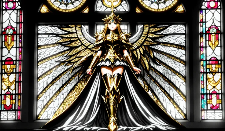 divine (woman) muscles (perfect_face) (long_hair) (detailed_pupils) eyeliner (legs),
(gold_capricorn_armor) (chainmail_gown) (boots) (stockings), (feet),
((saint_seiya_manga)), ((ink_shading)), grayscale,
(angel_wings), ((spiral)),
standing, (full_body),
intricate, (high_detail), (sharp),
(background church (cross) altar stained_glass_window feathers),