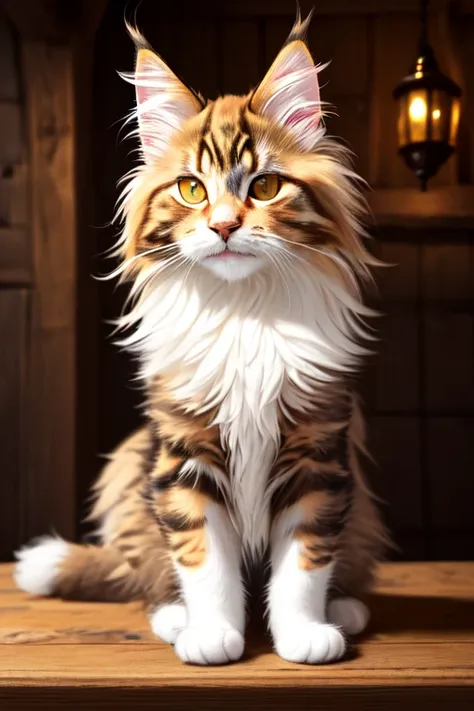 modelshoot style, 8k, portrait of a cute maine coon cat sitting on a wooden table in a medieval tavern, detailed fur, trending on ArtStation, trending on CGSociety, Intricate, High Detail, Sharp focus, dramatic lighting, digital painting, digital art, by artgerm, by Liang Xing, by WLOP