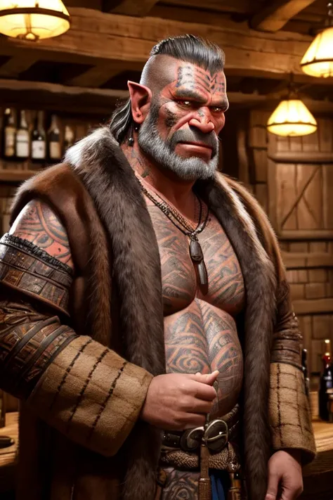 modelshoot style, 8k, portrait of a middle-aged orc man standing in a medieval tavern bar, brown fur coat, black tribal tatoos, trending on ArtStation, trending on CGSociety, Intricate, High Detail, Sharp focus, dramatic lighting, digital painting, digital art, by artgerm, by Liang Xing, by WLOP