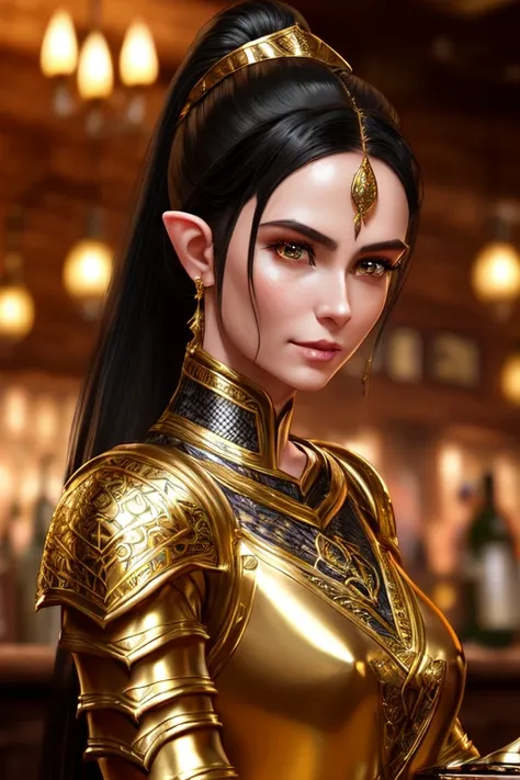 modelshoot style, 8k, portrait of a young elven woman with black hair in a ponytail wearing intricate gold metallic armor standing in a medieval tavern bar, trending on ArtStation, trending on CGSociety, Intricate, High Detail, Sharp focus, dramatic lighting, digital painting, digital art, by artgerm, by Liang Xing, by WLOP