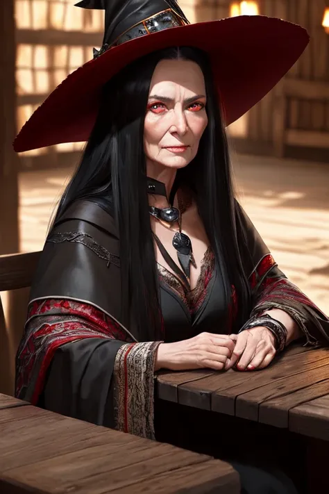 modelshoot style, 8k, portrait of an old witch with long greasy black hair and red eyes wearing a torn patchwork leather cloak sitting behind a wooded table in a medieval tavern bar, wrinkled skin, trending on ArtStation, trending on CGSociety, Intricate, High Detail, Sharp focus, dramatic lighting, digital painting, digital art, by artgerm, by Liang Xing, by WLOP