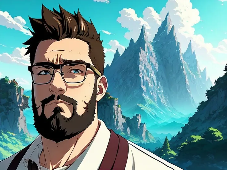 (anime style) portrait of burly (ohwx man:1.1) as anime protagonist, glasses, (beautiful high fantasy mountains landscape cities background:1.0) by makoto shinkai, male-focus, stylized character art in the style of greg rutkowski, zen aesthetic nostalgic  anime movie still, detailed, most beautiful artwork in the world