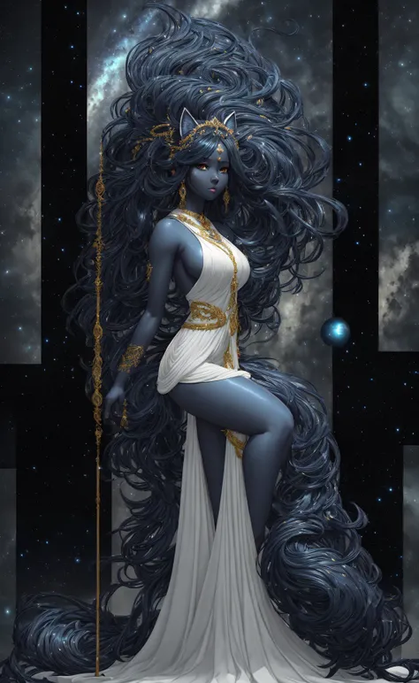 masterpiece, best quality, (extremely detailed CG unity 8k), artstation, (goddess), ((dark blue skin)), (full body), extremely detailed long cat ears, (detailed long white dress), extremely detailed face, (very sexy), ((nsfw)), extremely detailed body, huge breast, (sky background), long hair, long detailed tail,