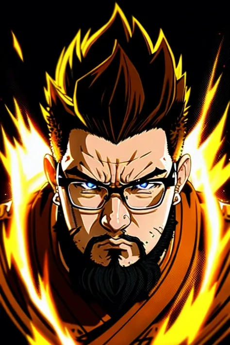 anime stylized Super Saiyan Anime Portrait masculine burly (OHWX man:1.2), perfect anime eyes, very angry, electricity flowing in air, glasses, super Saiyan, fighting stance, Kung Fu pose, (muscular), anime style, The most beautiful anime artwork in the world, Greg rutkowski and yoji shinkawa and akira toriyama