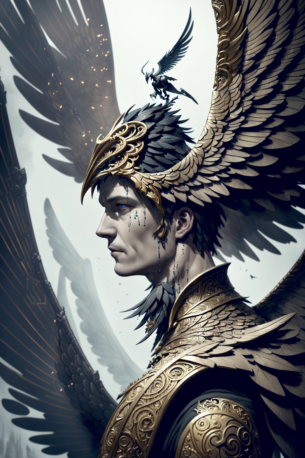 (dark dim dramatic atmosphere)+ 8k portrait man with wings on it's head and a broken wing on his head, in drip modern clothing, intricate, highly detailed, digital painting, smooth, sharp focus, illustration, unreal engine 5, 8 k, art by artgerm and greg rutkowski and alphonse mucha