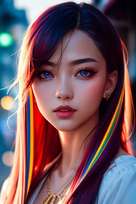 film style, the most outstanding photo in the world, Asian beauty, mesmerizing eyes, (((narrow face))), (((narrow nose bridge))), full and inviting lips, flawless skin, (few natural freckles:0.7), (((colorful hair in the wind))), (((rim light on the face))), slim figure, sexy and cute girl, pronounced feminine feature, amazing body, street in sunset, neon lights, intricate, highly detailed, extremely hyper aesthetic, masterpiece, highest quality, lens flare, dramatic lighting, sharp focus, photorealism, HDR, 8K, mannerism, cinematography, by Adrian Zingg and johnson ting