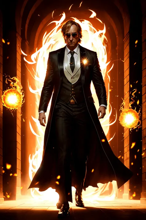 photorealistic photo of Saul Goodman as a wizard walking in a hallway, white wizard shirt with golden trim, white robe, pork pie hat, sunglasses, Fireballs Floating Around the person , (full body shot:1.4), high fantasy background, ((perfect composition:1.4), deviantart hd, artstation hd, concept art, detailed face and body, award-winning photography, margins, detailed face, detailed hands, ,backlight, 12k ultrarealistic, ray tracing, intense gaze, looking at the viewer, cinematic lighting, art by Grzegorz Rutkowski)