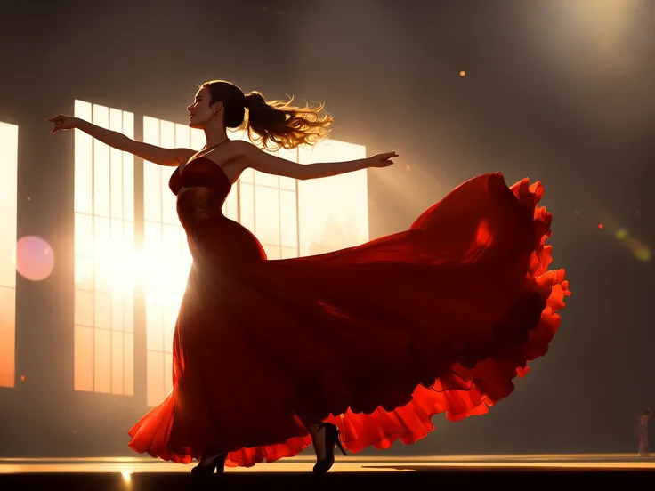 modelshoot style, (detailed watercolor painting), (golden hour light), (1girl:1.4), ((full body painting:1.1)) of the most beautiful ((young french woman:1.5)), wearing red dress, joyous smile, slim body, ((dancing on a theater stage)),outdoor, (small breasts),black long wavy hair, hair in ponytail, Intricate, (High skin Detail:1.2), HDR, intricate detail, tessellation, Sharp focus, dramatic, beautiful crowded theater as background, cheering, soft lighting, photorealistic painting art by midjourney and greg rutkowski, professional majestic oil painting by Ed Blinkey, Atey Ghailan, Studio Ghibli, by Jeremy Mann, Greg Manchess, Antonio Moro, trending on ArtStation, trending on CGSociety