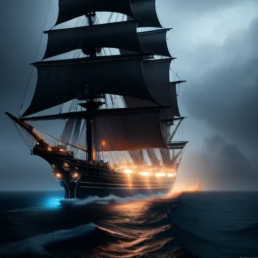 modelshoot style, (extremely detailed CG unity 8k wallpaper), a ship at sea,obsolete,the black Pearl, outmoded,ghost , Sea fog, black night, gloomy,blue, trending on ArtStation, trending on CGSociety, Intricate, High Detail, Sharp focus, dramatic,