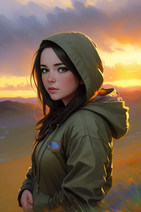 a female in a hooded jacket standing on a hill with her hands in her hair and looking at the camera, closeup, mountans, sunrise, high grass, snowfall, drammatic light, (((Pino Daeni))), muted colors