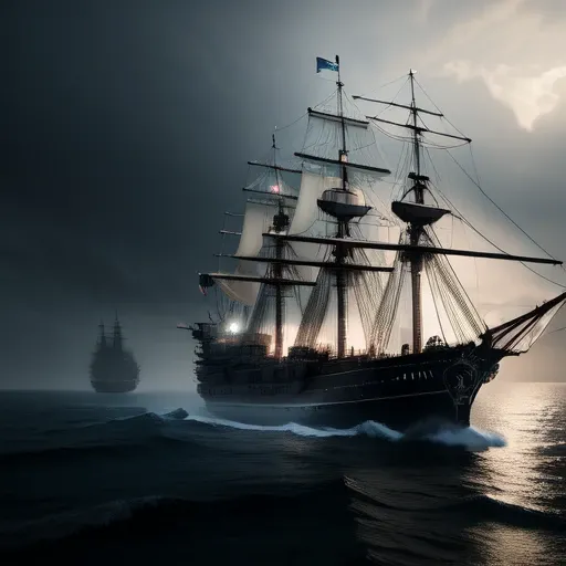 modelshoot style, (extremely detailed CG unity 8k wallpaper), a ship at sea,obsolete,the black Pearl, outmoded,ghost , Sea fog, black night, gloomy,blue, trending on ArtStation, trending on CGSociety, Intricate, High Detail, Sharp focus, dramatic,
