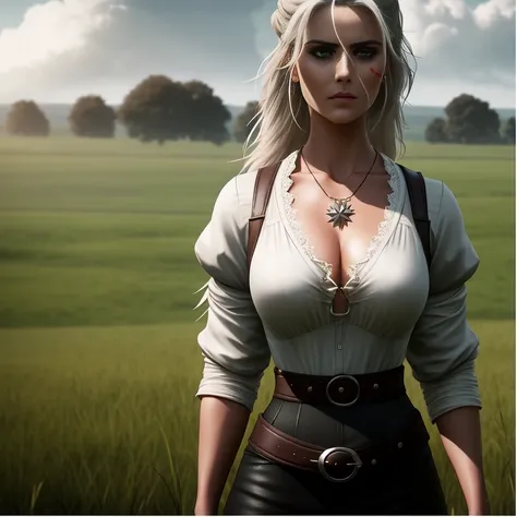 heavy freckles, scar, full body shot, RAW photo, 1woman, Ciri standing in a field, looking furious, spiky necklace, (green eyes), white loose shirt, long face, thin face, hair tied back, (black eyebags), black eye shadow, brown waist belt, ((high detailed facial features)), 8k uhd, dslr, soft lighting, high quality, high resolution