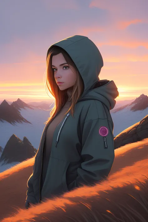 a female in a hooded jacket standing on a hill with her hands in her hair and looking at the camera, closeup, mountans, sunrise, high grass, snowfall, ((((Mandy Jurgens)))), (((drammatic light))), muted colors
