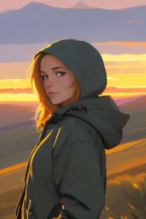 a female in a hooded jacket standing on a hill with her hands in her hair and looking at the camera, closeup, mountans, sunrise, high grass, snowfall, (((Greg Manchess)))