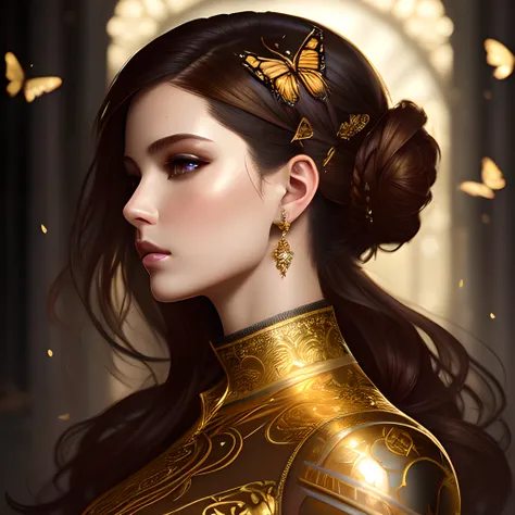 Style-Empire, 8k portrait of beautiful cyborg with brown hair, intricate, elegant, highly detailed, majestic, digital photography, art by artgerm ruan jia and greg rutkowski surreal wet paint gold butterfly filigree, broken glass