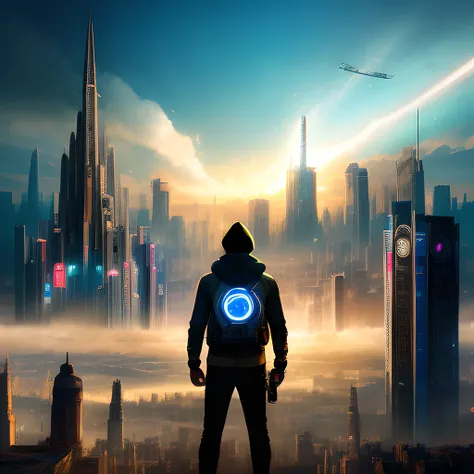 poster with young hero in hood, standing in the center of the design, determined look on his face, holding a small device in his hand that resembles a time machine, behind the image is split into two halves on the left a dystopian future cityscape with robots and destruction everywhere, on the right a peaceful, idyllic countryside, the two halves are connected by a line that starts at young hero device and forms a spiral, symbolizing the idea of time travel., the background is filled with futuristic symbols and patterns,
