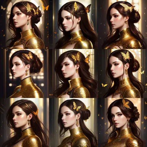 Style-Empire, 8k portrait of beautiful cyborg with brown hair, intricate, elegant, highly detailed, majestic, digital photography, art by artgerm ruan jia and greg rutkowski surreal wet paint gold butterfly filigree, broken glass