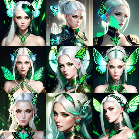 Style-Empire, 8k portrait of beautiful cyborg with white hair, intricate, elegant, highly detailed, majestic, digital photography, art by artgerm ruan jia and greg rutkowski surreal wet paint green butterfly filigree, broken glass