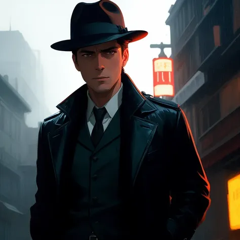 a poster for a noir detective movie called 'Gloomy Detective'. The main character, Detective Jack Frost, is a tall, dark, and brooding figure with sharp features and piercing blue eyes. He wears a fedora, a long coat, and carries a gun in a holster at his side. In the background, a dark cityscape is visible, with rain pouring down and neon lights illuminating the streets. The poster should convey a sense of mystery, danger, and moodiness, capturing the essence of the film's dark, brooding atmosphere, modelshoot style, (extremely detailed CG unity 8k wallpaper), full shot body photo of the most beautiful artwork in the world, , professional majestic oil painting by Ed Blinkey, Atey Ghailan, Studio Ghibli, by Jeremy Mann, Greg Manchess, Antonio Moro, trending on ArtStation, trending on CGSociety, Intricate, High Detail, Sharp focus, dramatic, photorealistic painting art by midjourney and greg rutkowski