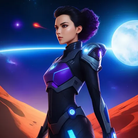 a poster for the sci-fi adventure "Starfall". The poster should feature the main character, Cassiopeia, in the center, with a determined and confident expression on her face.
Cassiopeia is a tall and slender woman with short, curly black hair and piercing green eyes. She is dressed in sleek, futuristic space armor, with a high-tech rifle slung over her shoulder.
In the background, there should be a dramatic and epic space scene, depicting the vast and mysterious universe that Cassiopeia must explore. The poster should have a bold and heroic tone, with a color palette of blues, purples, and metallic silver. The title of the movie should be prominent, in stylized futuristic lettering, with the tagline "Defending the Frontier of the Universe"
, cinematic lighting, immense detail,
