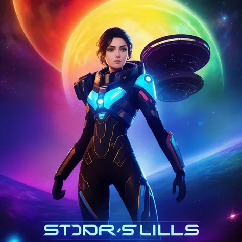 a poster for the sci-fi adventure "Starfall". The poster should feature the main character, Cassiopeia, in the center, with a determined and confident expression on her face.
Cassiopeia is a tall and slender woman with short, curly black hair and piercing green eyes. She is dressed in sleek, futuristic space armor, with a high-tech rifle slung over her shoulder.
In the background, there should be a dramatic and epic space scene, depicting the vast and mysterious universe that Cassiopeia must explore. The poster should have a bold and heroic tone, with a color palette of blues, purples, and metallic silver. The title of the movie should be prominent, in stylized futuristic lettering, with the tagline "Defending the Frontier of the Universe"
, cinematic lighting, immense detail,