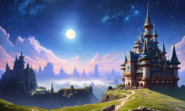 An imposing and highly ornamented fantasy castle, stars and comical sky, amazingly beautiful moon, Atmosphere, Dramatic lighting, Beautiful Landscape, Epic composition, Wide angle, by Miyazaki, Nausicaa Ghibli, Breath of The Wild, dramatic, photorealistic painting art by midjourney and greg rutkowski