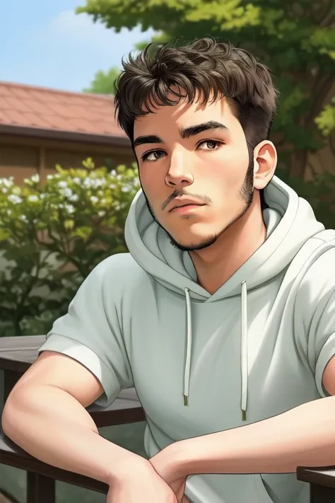 anime screencap, solo, hoodie, kaiusdpc, perfect, masterpiece, ((masterpiece, portrait, pixiv)), artstation, in a garden