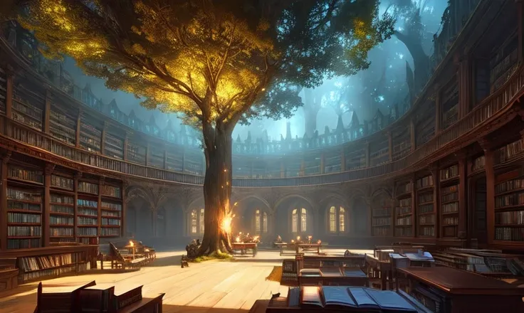 stars on ceiling, medium shot, cinematic interior photo of library beautiful giant tree growing in the middle of an ancient vast Victorian library indoors. a door is embedded in a tree. tree in a library. fantasy digital art, fantasy style art, fantasy hearthstone art style, fantasy game art by greg rutkowski, darksouls concept art, details, hyper-detailed, HD