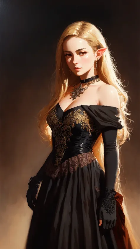 a young teen ((elf)) girl wearing medieval decorative ((black gown)), long golden ((blonde hair)), (cute angelic face), ((detailed face)), modelshoot style, wearing choker and necklace, wearing ((opera)) (gloves), (high heels), (extremely detailed CG unity 8k wallpaper), (full shot body photo of the most beautiful artwork in the world), professional majestic oil painting by Ed Blinkey, Atey Ghailan, Studio Ghibli, by Jeremy Mann, Greg Manchess, Antonio Moro, trending on ArtStation, trending on CGSociety, Intricate, High Detail, Sharp focus, dramatic, photorealistic painting art by midjourney and greg rutkowski,