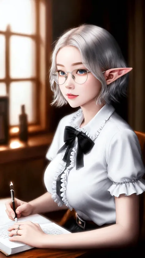 cute angelic face, ((teen)), upper body of an ((elf)) writing a book in a study, silver (((short hair))), (eyeglasses), wearing ((white ruffle blouse)) and black skirt, (big breast), blue eyes, (backlighting), ((realistic)), masterpiece, highest quality, (masterpiece:1.0), (best quality:1.4), (ultra highres:1.2), (photorealistic:1.4), (8k, RAW photo:1.2),  <lora:koreanDollLikeness_v10:0.6>,  (ulzzang-6500:1), cosplay, insane details, intricate details, hyper detailed, cinematic,