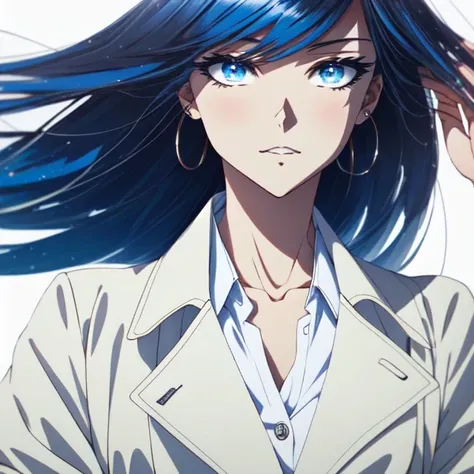 anime style, mid shot, body focus, (white background:1.2)
, a mature female, tall, [[abs]], flat chest,
, short blunt bob, blue hair color, blue eyes
, (white Trench Coat Outfit), black shorts, white shirt
, (masterpiece, best quality, masterpiece, best quality:1.2)
,  <lora:beautifulDetailedEyes_v10:1>
