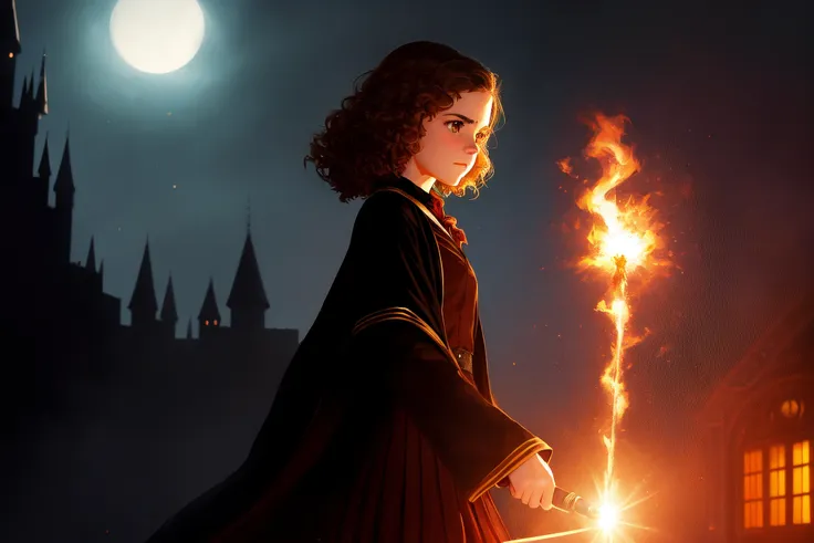 16 year old girl ((hermione granger), (young emma watson), mila kunis), brown [eyes], short curly (brown) hair,
hogwarts school uniform, black wizard_robe [with scarlet and gold trim], white shirt, long black school skirt, knee length socks, shoes [mary-janes], [scarlet and gold striped tie], amber ear studs,
fighting in a dark hogwarts rose garden at night, casting spells with a wand, magic effects, fairy lights, (intense look, excited:1.2), slight smile,
(low camera angle:1.5),
hugging knees, hand on chest, hugging, kissing, holding hands,
beautiful woman, modelshoot style, (extremely detailed CG unity 8k wallpaper), full shot body photo of the most beautiful artwork in the world, professional majestic oil painting by Ed Blinkey, Atey Ghailan, Studio Ghibli, by Jeremy Mann, Greg Manchess, Antonio Moro, trending on ArtStation, trending on CGSociety, Intricate, High Detail, Sharp focus, dramatic, photorealistic painting art by midjourney and greg rutkowski, by art germ