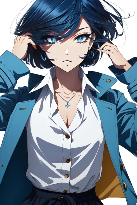 anime style, mid shot, body focus, (white background:1.2)
, a mature female, tall, [[abs]], flat chest,
, short blunt bob, blue hair color, blue eyes
, (white Trench Coat Outfit), black shorts, white shirt
, (masterpiece, best quality, masterpiece, best quality:1.2)
,  <lora:beautifulDetailedEyes_v10:1>