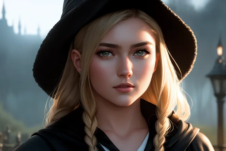 yelena belova [pugh-subject], short dirty blonde hair in french braids, (intense look, slight smile),
black  [yellow|orange] witch_cloak, black school skirt, white shirt, knee high socks, shoes [mary-janes], striped tie,
fighting in hogwarts rose garden at night casting spells with a wand, magic, fairy lights, jumping, full-body shot, wide angle,
modelshoot style, (extremely detailed CG unity 8k wallpaper), full shot body photo of the most beautiful artwork in the  , professional majestic oil painting by Ed Blinkey, Atey Ghailan, Studio Ghibli, by Jeremy Mann, Greg Manchess, Antonio Moro, trending on ArtStation, trending on CGSociety, Intricate, High Detail, Sharp focus, dramatic, photorealistic painting art by midjourney and greg rutkowski,
