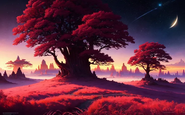 (extremely detailed CG unity 8k wallpaper), full shot photo of the most beautiful artwork of the surface of an alien planet, purple sky, red grass, red trees, stars in background, nebulae, moons, professional majestic oil painting by Ed Blinkey, Atey Ghailan, Studio Ghibli, by Jeremy Mann, Greg Manchess, Antonio Moro, trending on ArtStation, trending on CGSociety, Intricate, High Detail, Sharp focus, dramatic, photorealistic painting art by midjourney and greg rutkowski