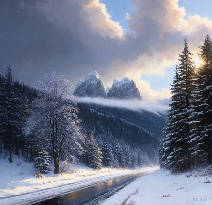 (extremely detailed CG unity 8k wallpaper), full shot photo of the most beautiful artwork of the countryside, snow falling, nostalgia, snowy hills, professional majestic oil painting by Ed Blinkey, Atey Ghailan, Studio Ghibli, by Jeremy Mann, Greg Manchess, Antonio Moro, trending on ArtStation, trending on CGSociety, Intricate, High Detail, Sharp focus, dramatic, photorealistic painting art by midjourney and greg rutkowski