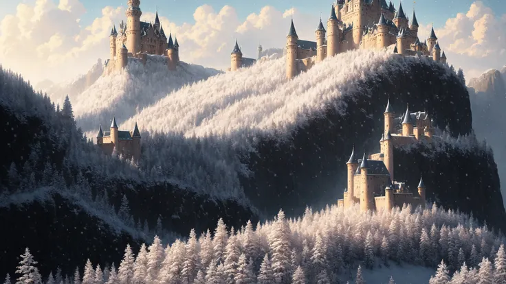 (extremely detailed CG unity 8k wallpaper), full shot photo of the most beautiful artwork of a medieval castle, snow falling, nostalgia, grass hills, traveler walking on path towards castle, professional majestic oil painting by Ed Blinkey, Atey Ghailan, Studio Ghibli, by Jeremy Mann, Greg Manchess, Antonio Moro, trending on ArtStation, trending on CGSociety, Intricate, High Detail, Sharp focus, dramatic, photorealistic painting art by midjourney and greg rutkowski