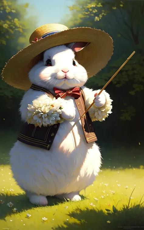 (extremely detailed CG unity 8k wallpaper), full shot photo of the most beautiful artwork of a fat bunny wearing a straw hat, green meadow, sunny day, optimism, professional majestic oil painting by Ed Blinkey, Atey Ghailan, Studio Ghibli, by Jeremy Mann, Greg Manchess, Antonio Moro, trending on ArtStation, trending on CGSociety, Intricate, High Detail, Sharp focus, dramatic, photorealistic painting art by midjourney and greg rutkowski