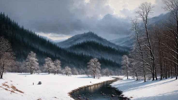 (extremely detailed CG unity 8k wallpaper), full shot photo of the most beautiful artwork of the countryside, snow falling, nostalgia, snowy hills, professional majestic oil painting by Ed Blinkey, Atey Ghailan, Studio Ghibli, by Jeremy Mann, Greg Manchess, Antonio Moro, trending on ArtStation, trending on CGSociety, Intricate, High Detail, Sharp focus, dramatic, photorealistic painting art by midjourney and greg rutkowski