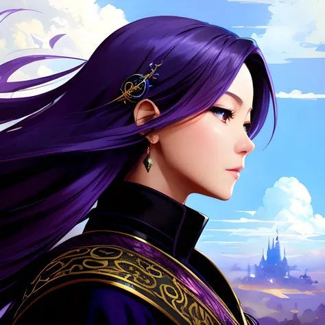 an anime poster for "Reborn in Another World," a series about a powerful sorceress named Aiko. Aiko is a stunningly beautiful woman with (long, flowing) purple hair and (mesmerizing, piercing) blue eyes. She wears a (sleek, form-fitting) black and purple outfit with (flowing, billowing) sleeves. The poster should capture the epic adventure and magic of the series, with fantastical elements such as (swirling magic, flying dragons, and soaring castles). The title should be written in bold, stylized letters, with the tagline, "(Discover a) new world of adventure,
professional majestic oil painting by Ed Blinkey, Atey Ghailan, Studio Ghibli, by Jeremy Mann, Greg Manchess, Antonio Moro, trending on ArtStation, trending on CGSociety, Intricate, High Detail, Sharp focus,